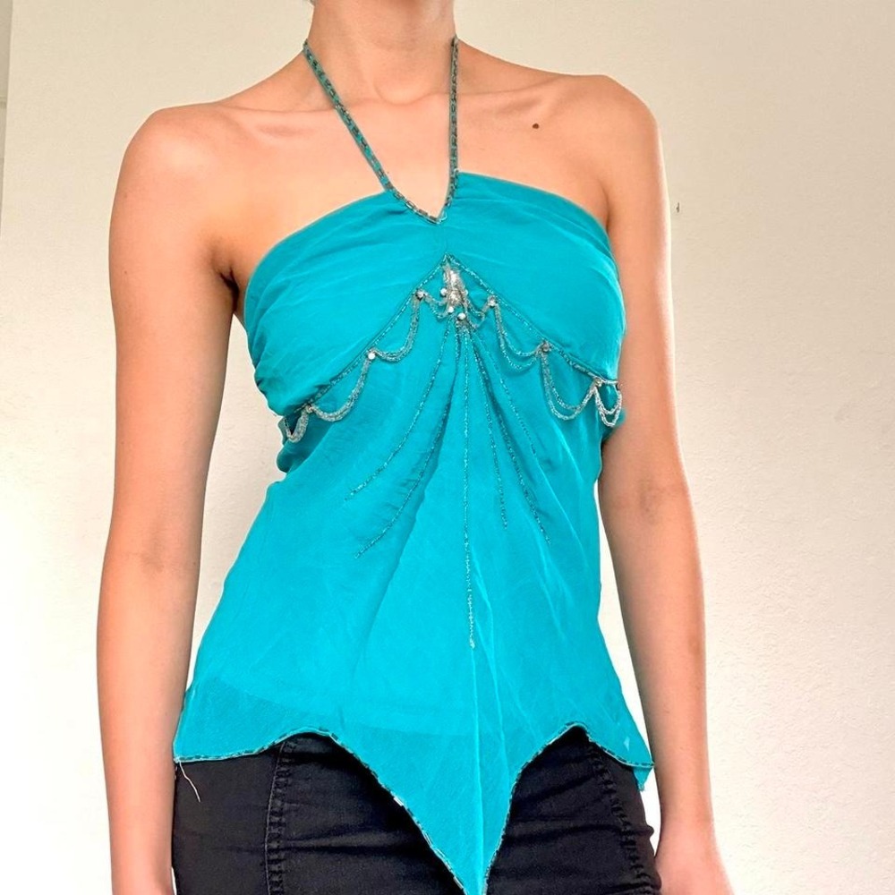 Y2K Turquoise Beaded Handkerchief Halter Top